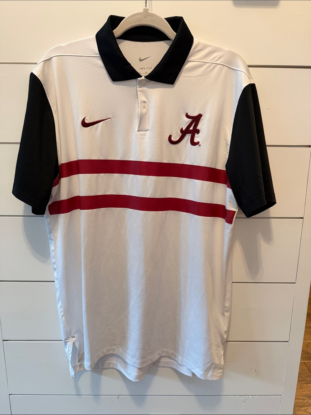Nike White, Black and Crimson Striped Alabama Polo